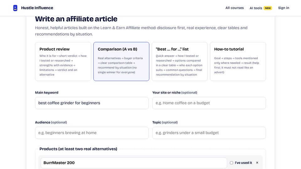 The Affiliate Article Writer article form
