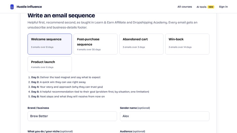 The Email Sequence Writer welcome sequence form