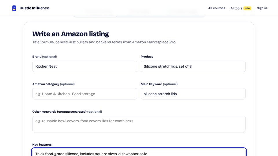 The Listing & Ad Copy Writer Amazon listing form