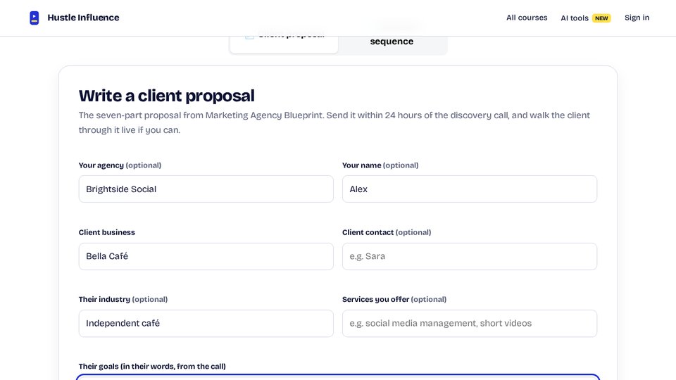 The Proposal & Outreach Generator client proposal form